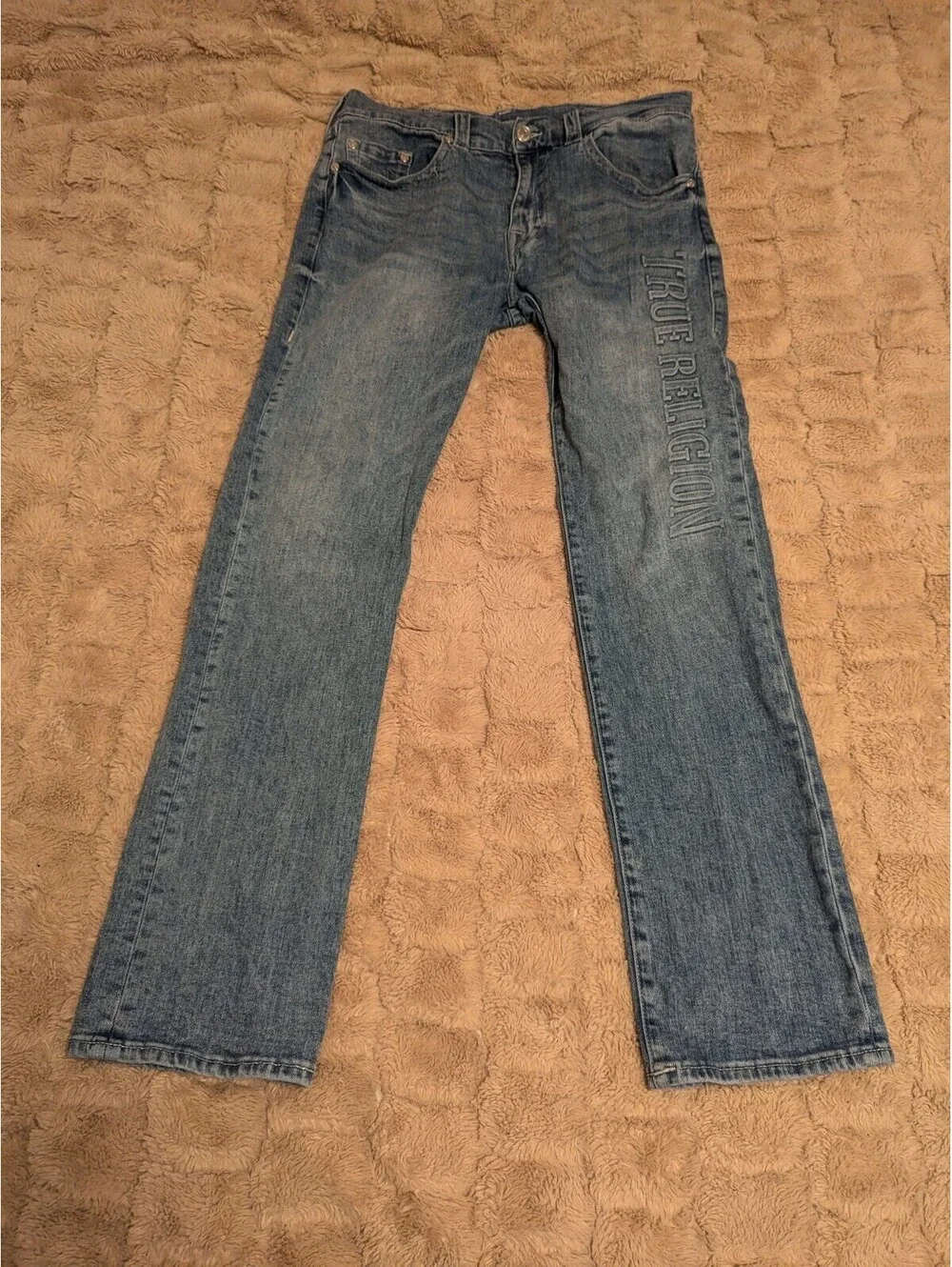 True Religion Ricky Mens Light Wash Relaxed Straight Spell out Jeans Size 36x34
